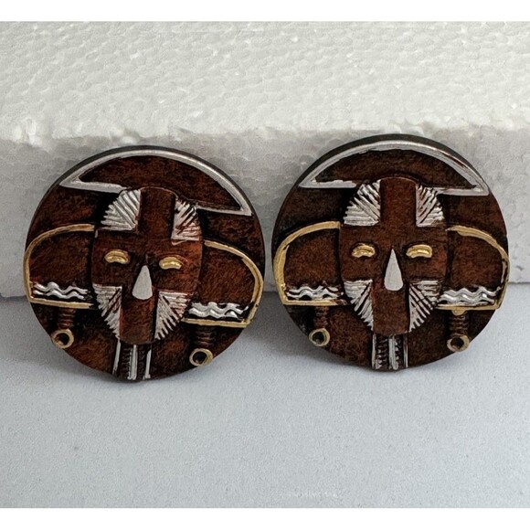 Vintage Tribal Face Mask Clip On Earrings African Art - Picture 1 of 3